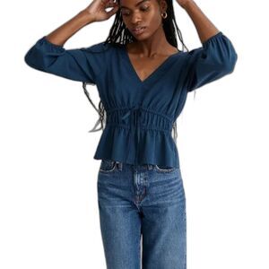 NWOT Madewell Womens Small Blue Seersucker V-Neck Peplum Top Smocked Tie Waist
